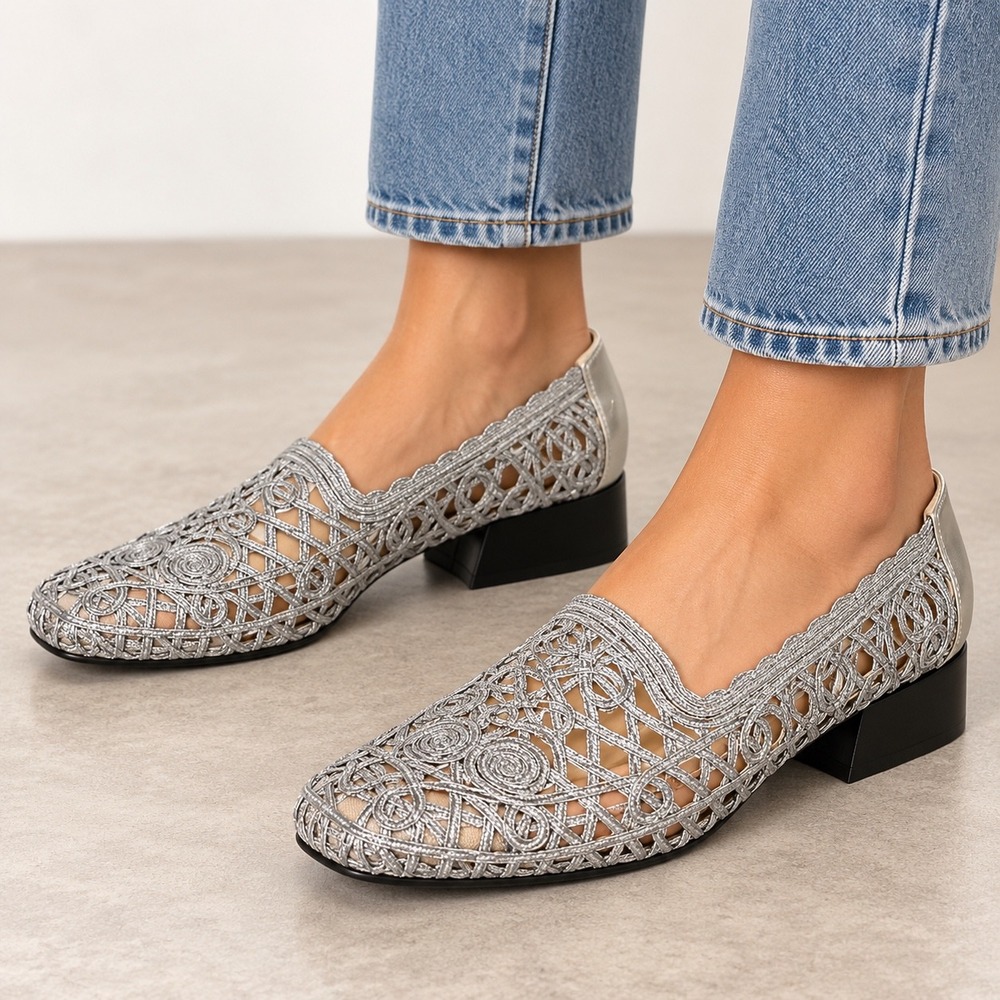 Vintage Bellini Esquire Silver Mesh Lace Woven Block Heel Shoes 7.5 B 90s
